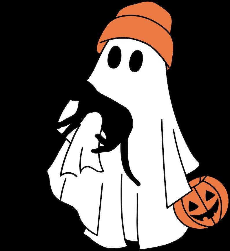 Puede incluir: Un fantasma blanco con un gorro naranja sostiene un gato negro en sus brazos. Una calabaza tallada se encuentra a los pies del fantasma.