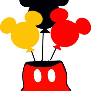 May include: Red, yellow, and black Mickey Mouse head balloons tied to red Mickey Mouse shorts.