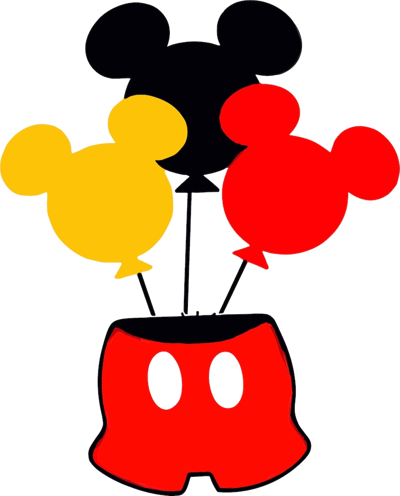 May include: Red, yellow, and black Mickey Mouse head balloons tied to red Mickey Mouse shorts.