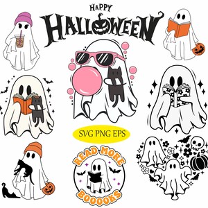 Puede incluir: Un conjunto de nueve archivos de corte digital que presentan lindas ilustraciones de fantasmas con varios temas de Halloween. Los fantasmas se representan con diferentes accesorios, que incluyen gafas de sol, libros y una calabaza. El texto "Happy Halloween" est&aacute; incluido en el dise&ntilde;o.