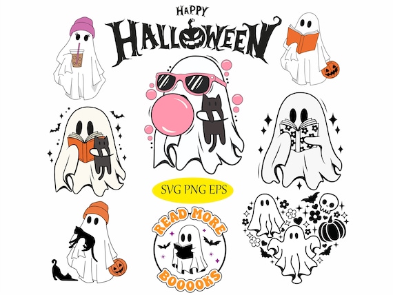 Cute Ghost Reading Book PNG, Spooky Season png, Black Cat png, Halloween png, Cute Halloween Ghosts, Trending png, Halloween Sublimation