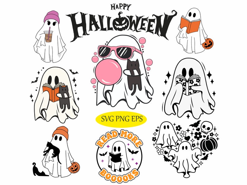 Puede incluir: Un conjunto de nueve archivos de corte digital que presentan lindas ilustraciones de fantasmas con varios temas de Halloween. Los fantasmas se representan con diferentes accesorios, que incluyen gafas de sol, libros y una calabaza. El texto "Happy Halloween" est&aacute; incluido en el dise&ntilde;o.