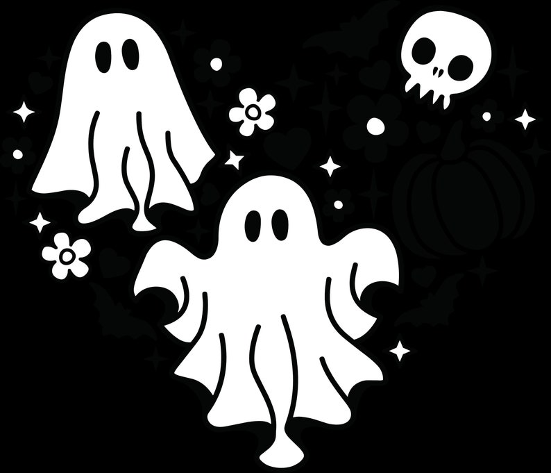 Puede incluir: Una ilustraci&oacute;n en blanco y negro de tres fantasmas y una calavera con una calabaza de fondo. Los fantasmas est&aacute;n volando en el aire y la calavera est&aacute; sentada encima de la calabaza.