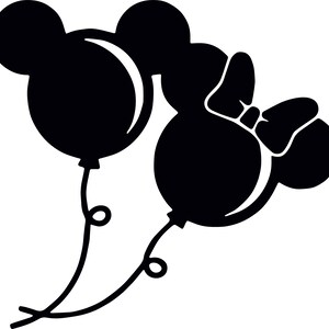 May include: Two black balloon silhouettes with Mickey Mouse ears. The balloon on the right has a bow.