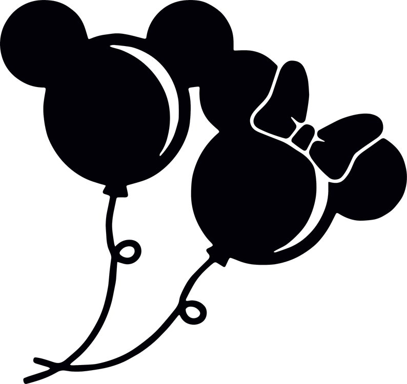 May include: Two black balloon silhouettes with Mickey Mouse ears. The balloon on the right has a bow.