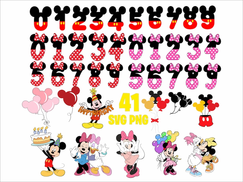 May include: A set of Minnie Mouse themed numbers in black and red with white polka dots and pink and white polka dots. The numbers are in two rows, with the top row being black and red and the bottom row being pink and white. There are also several images of Mickey Mouse and Minnie Mouse in different poses. The text "41 SVG PNG" is also included in the image.