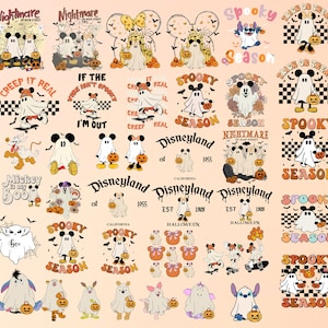 May include: A collection of 25 Halloween-themed digital designs featuring Mickey Mouse and ghosts. The designs include various phrases like "Spooky Season", "Nightmare on Main Street", "Creep It Real", and "Mickey is my Boo".