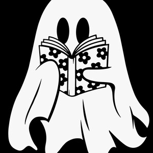 Puede incluir: Un fantasma blanco con una cara amigable est&aacute; leyendo un libro con un patr&oacute;n floral en blanco y negro.