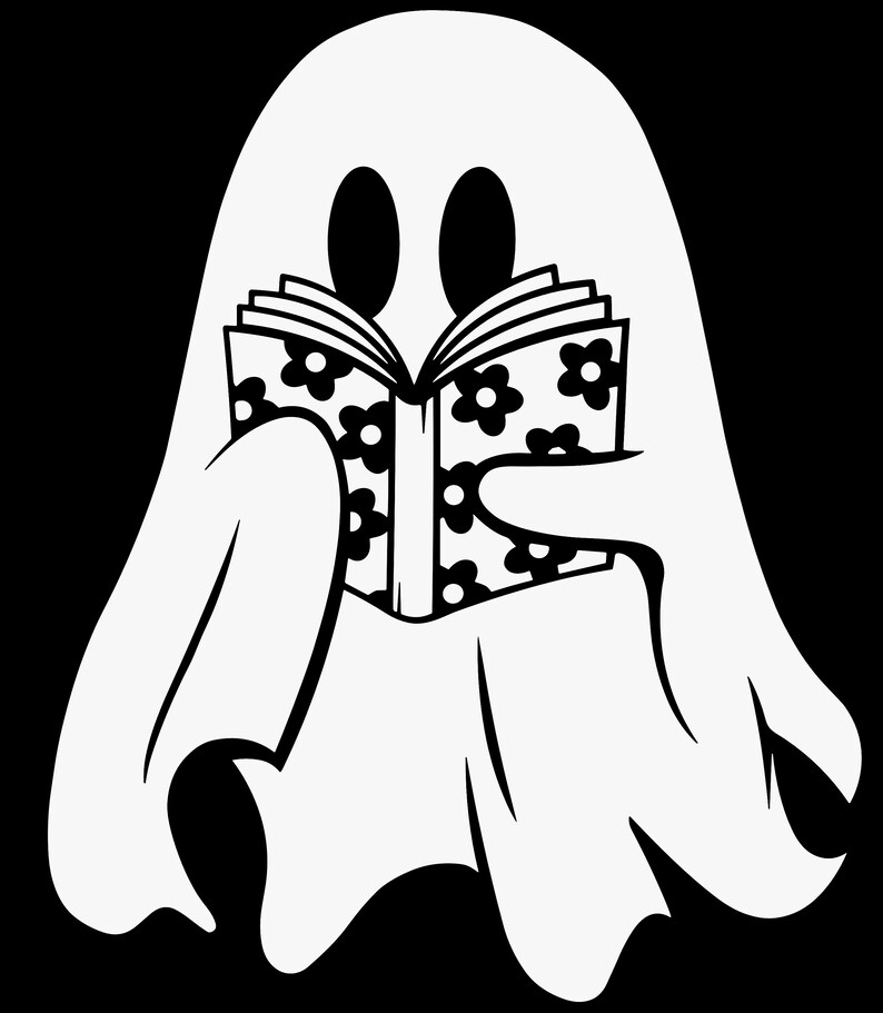 Puede incluir: Un fantasma blanco con una cara amigable est&aacute; leyendo un libro con un patr&oacute;n floral en blanco y negro.