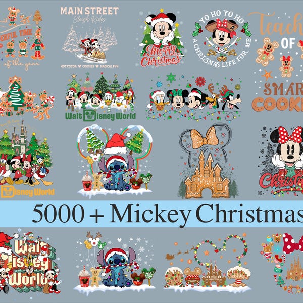May include: A collection of 10 colorful digital designs featuring Mickey Mouse and other Disney characters celebrating Christmas. The designs include Mickey Mouse, Minnie Mouse, Goofy, Pluto, and other characters in various festive poses and settings. The text "5000+ Mickey Christmas" is displayed at the bottom of the image.