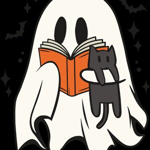 Puede incluir: Un fantasma blanco con un libro en sus manos y un gato negro colgando de su brazo. El fantasma est&aacute; rodeado de estrellas y murci&eacute;lagos.