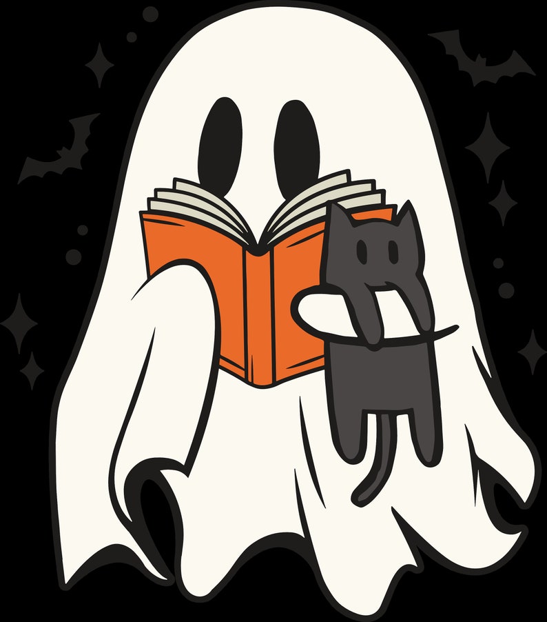 Puede incluir: Un fantasma blanco con un libro en sus manos y un gato negro colgando de su brazo. El fantasma est&aacute; rodeado de estrellas y murci&eacute;lagos.