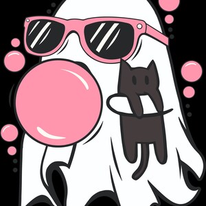 Puede incluir: Un fantasma blanco con gafas de sol rosas y soplando una burbuja rosa. Un gato negro est&aacute; colgado del brazo del fantasma.