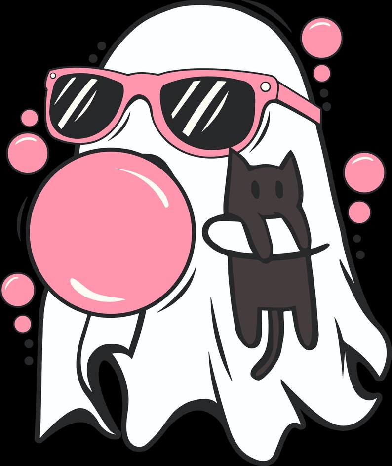 Puede incluir: Un fantasma blanco con gafas de sol rosas y soplando una burbuja rosa. Un gato negro est&aacute; colgado del brazo del fantasma.