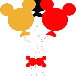 May include: Three Mickey Mouse-shaped balloons, one red, one yellow, and one black, tied together with a red bow.