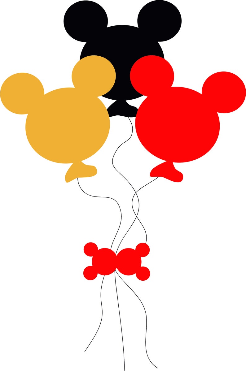 May include: Three Mickey Mouse-shaped balloons, one red, one yellow, and one black, tied together with a red bow.