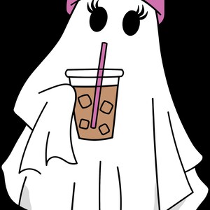 Puede incluir: Un fantasma blanco con un gorro rosa y sosteniendo un caf&eacute; helado marr&oacute;n con una pajita rosa.