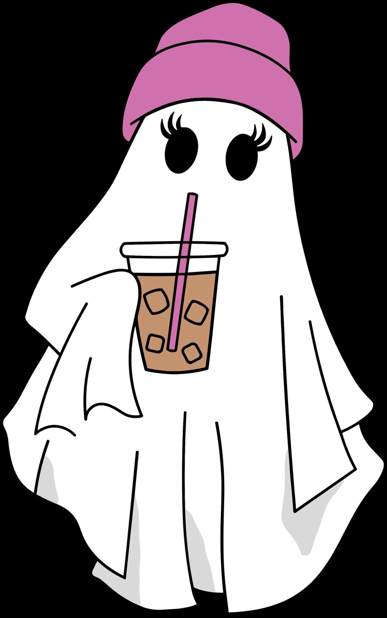 Puede incluir: Un fantasma blanco con un gorro rosa y sosteniendo un caf&eacute; helado marr&oacute;n con una pajita rosa.