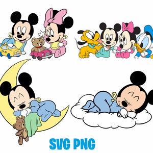 Pode incluir: Um conjunto de quatro personagens de desenho animado de bebês Disney. Mickey Mouse, Minnie Mouse, Pluto e Donald Duck estão todos vestindo roupas de bebê e segurando brinquedos. Os personagens estão em uma variedade de poses, incluindo sentados, em pé e dormindo. O fundo é branco.