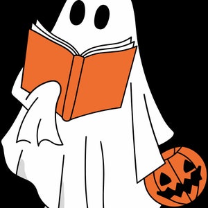 Puede incluir: Un fantasma blanco con una s&aacute;bana est&aacute; leyendo un libro naranja. Una calabaza naranja tallada con una cara negra est&aacute; al lado del fantasma.