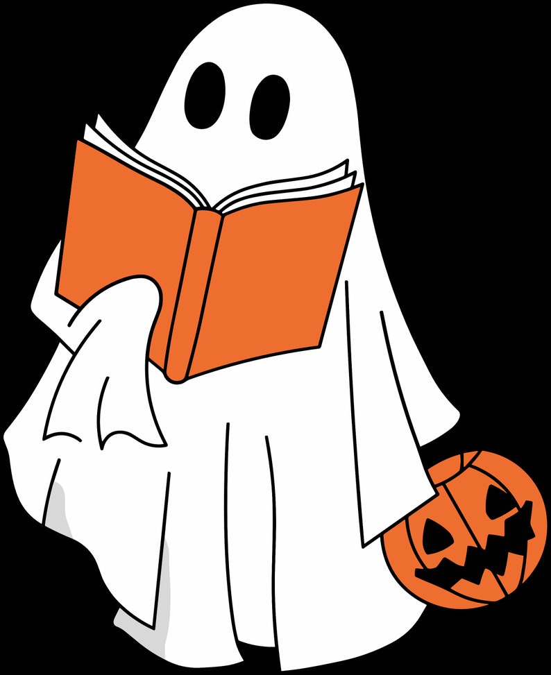 Puede incluir: Un fantasma blanco con una s&aacute;bana est&aacute; leyendo un libro naranja. Una calabaza naranja tallada con una cara negra est&aacute; al lado del fantasma.