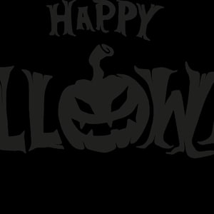 Puede incluir: Dise&ntilde;o gr&aacute;fico en blanco y negro del texto "HAPPY HALLOWEEN" con una calabaza estilizada en el centro.