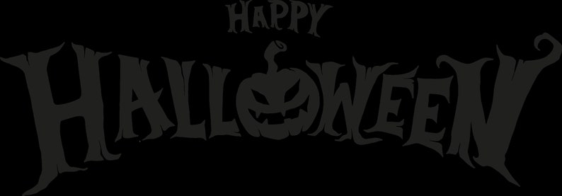 Puede incluir: Dise&ntilde;o gr&aacute;fico en blanco y negro del texto "HAPPY HALLOWEEN" con una calabaza estilizada en el centro.