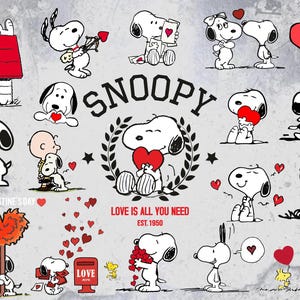 May include: A collection of Snoopy illustrations in black and white with red heart accents. Snoopy is featured in various poses, holding hearts, and with Charlie Brown. The phrase "Love is all you need" is also present.