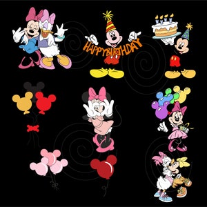 May include: A colorful illustration of Mickey Mouse and Minnie Mouse characters celebrating a birthday. The image features Mickey Mouse wearing a party hat and holding a banner that says "Happy Birthday". Minnie Mouse is holding a cake with candles. There are also balloons and other characters in the image.