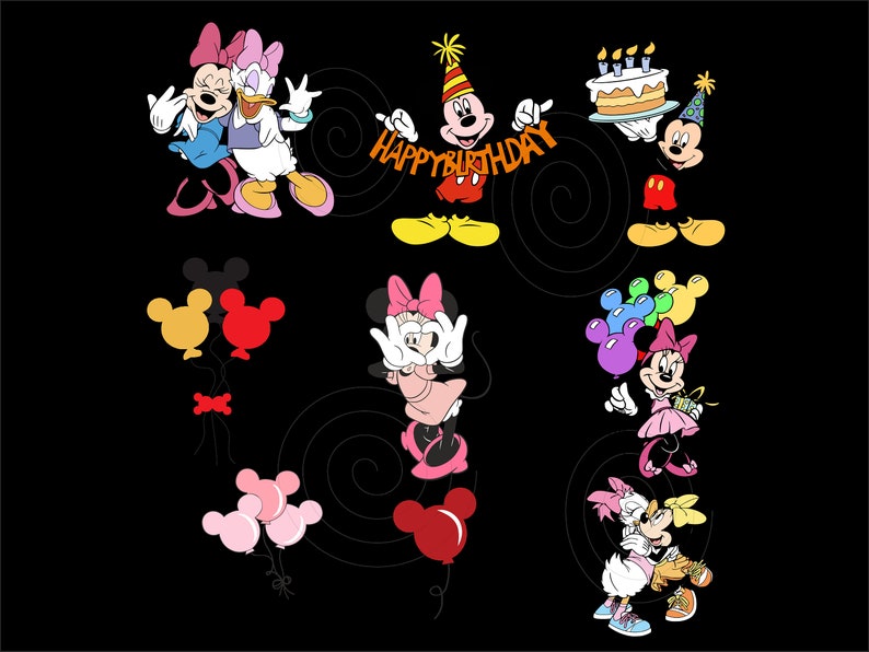 May include: A colorful illustration of Mickey Mouse and Minnie Mouse characters celebrating a birthday. The image features Mickey Mouse wearing a party hat and holding a banner that says "Happy Birthday". Minnie Mouse is holding a cake with candles. There are also balloons and other characters in the image.