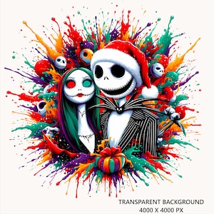 Jack and Sally Christmas PNG: Colorful Skeleton Clipart (Digital Download)