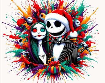 May include: A colorful illustration of Jack Skellington and Sally from The Nightmare Before Christmas. They are surrounded by colorful paint splatters and a red and green gift box.  The background is white.