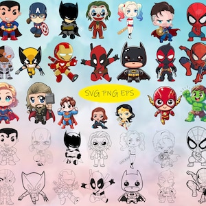May include: A set of 30 colorful cartoon superhero and villain characters, including Superman, Batman, Spiderman, Wolverine, and more. The characters are in a variety of poses and expressions, and some are holding weapons or tools. The characters are all in a cartoon style, with large heads and exaggerated features. The background is a light blue with white clouds.