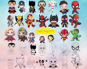 May include: A set of 30 colorful cartoon superhero and villain characters, including Superman, Batman, Spiderman, Wolverine, and more. The characters are in a variety of poses and expressions, and some are holding weapons or tools. The characters are all in a cartoon style, with large heads and exaggerated features. The background is a light blue with white clouds.