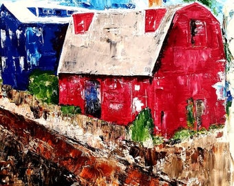 Painting Red House Blue House Impressionist Maine Rich Colors