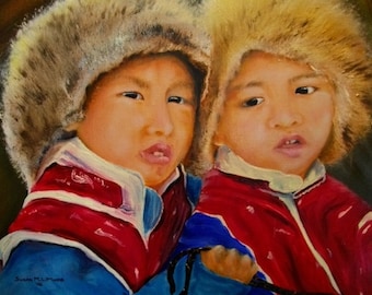 Wall Art Children of Tibet Painting  Horses OOAK Oils Tibetan Portrait Now new lower price