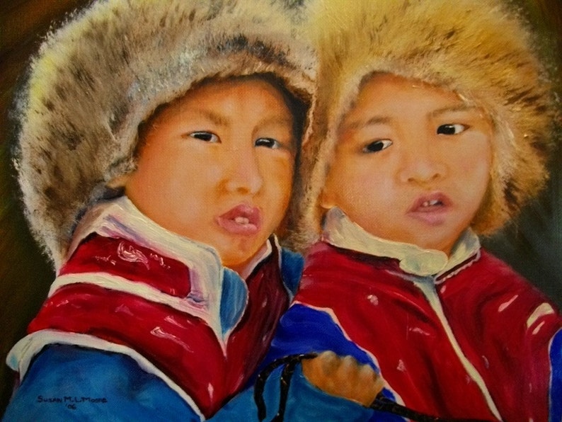 Wall Art Children of Tibet Painting Horses OOAK Oils Tibetan Portrait Now new lower price image 1