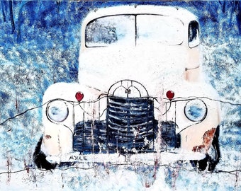 Art Large Oil  Truck Car Dad Vintage Rusty large Painting Truck Snow Classic