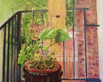 Wall Art Spring Original Oil Painting Crock bird house balcony moon trees