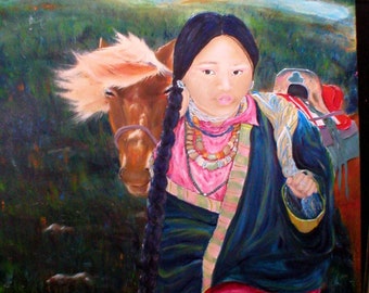 Large Oil Painting Horse and Tibetan Woman in the Mountains Oil painting Large Beautiful  Office School