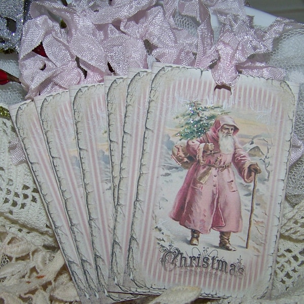 Vintage Shabby Cottage Chic Style Pink Santa Tags - Set of 6 or Set of 9