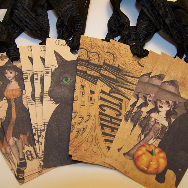 Halloween Tags Witch Tags Black Cat Tags - Set of 12