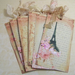 Paris Tags Vintage French Tags Paris in the Spring Eiffel Tower Tags Wish Tags Wedding Valentines Day Tags Set of 6