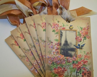 Paris Tags Eiffel Tower Tags Bird Tags French Vintage Shabby Style All Occasion Gift Tags Journal Cards Junk Journal Supplies Set of 6 or 9