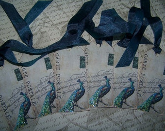 Peacock Tags All Occasion Tags Bird Tags Vintage French Shabby Style- Set of 6
