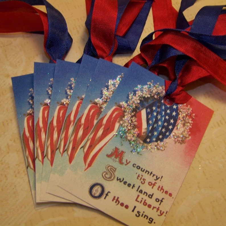 4th of July Tags American Flag Tags July 4th Tags Patriotic Tags Red White and Blue Party Favors Vintage Style Set of 6 or 9 image 1