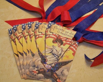 July 4th Tags Vintage Style Patriotic Tags Journaling Cards Junk Journal Supplies Set of 6 or 9