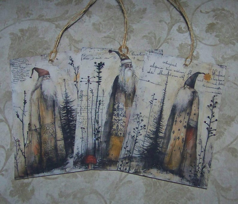 Christmas Tags Handmade Vintage Style Rustic Folk Art Stylized Santa
