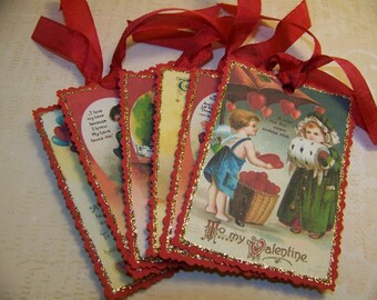 Valentines Day Tags Handmade Vintage Style Ellen Clapsaddle Tags Cute Valentine Tags - Set of 6