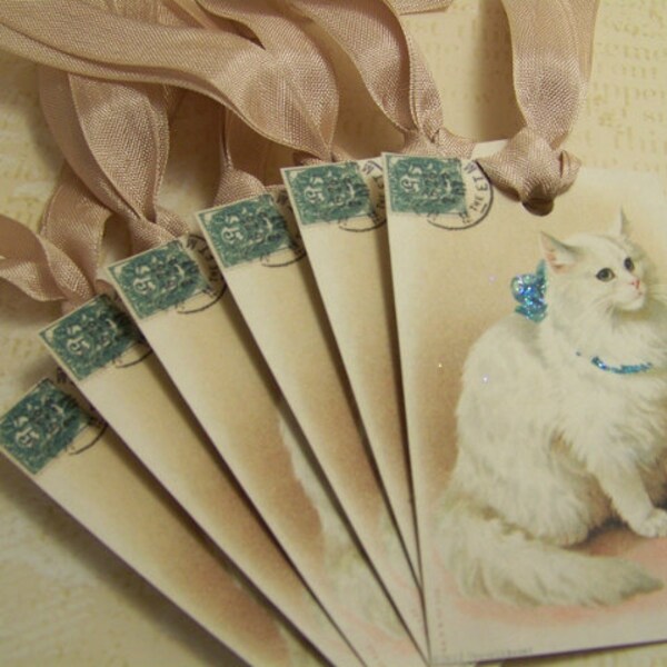 Kitty Tags White Kitty Vintage French Post Card Style Tags Set of 6 or Set of 9